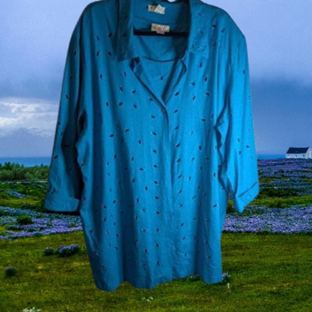 I.S.C. 2XL blue 2 piece sleeveless top and button down jacket linen blend top.